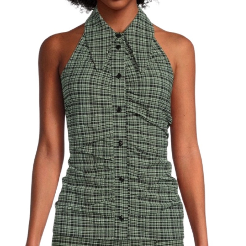 NWT Ganni Green and Black Seersucker Plaid Print Halter Top - Sz 6